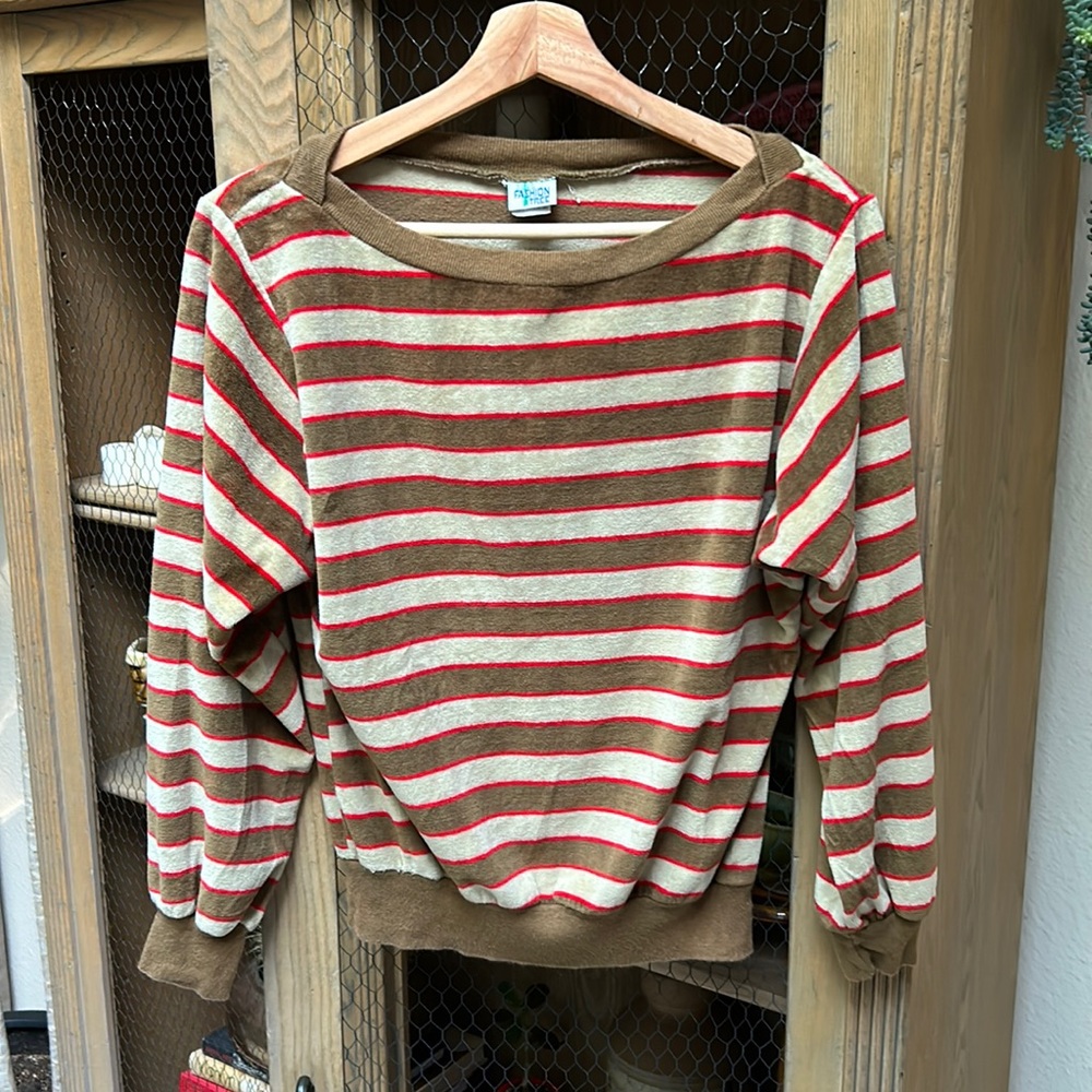 Vintage Brown and Red Striped velour Long Sleeve Top